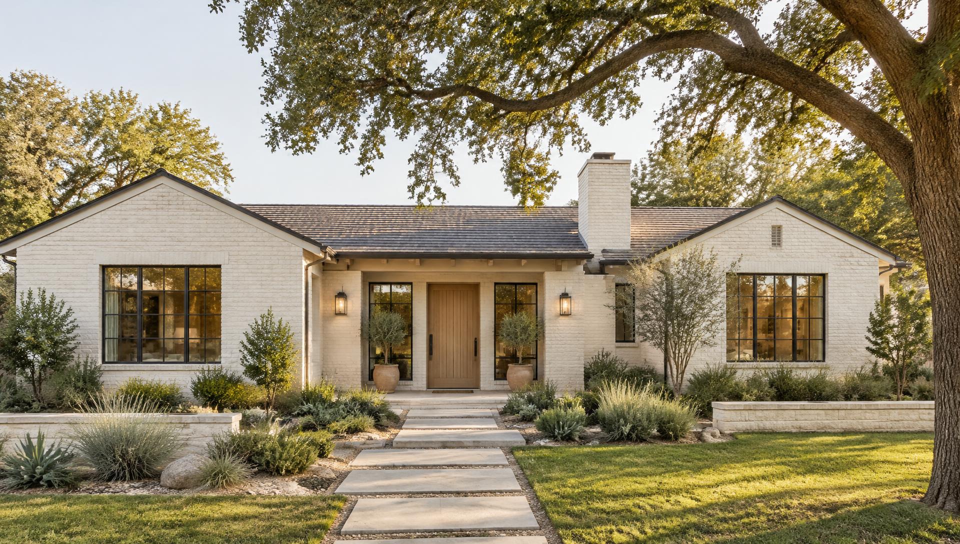 Freshly painted white brick South Texas home with a natural wood entry